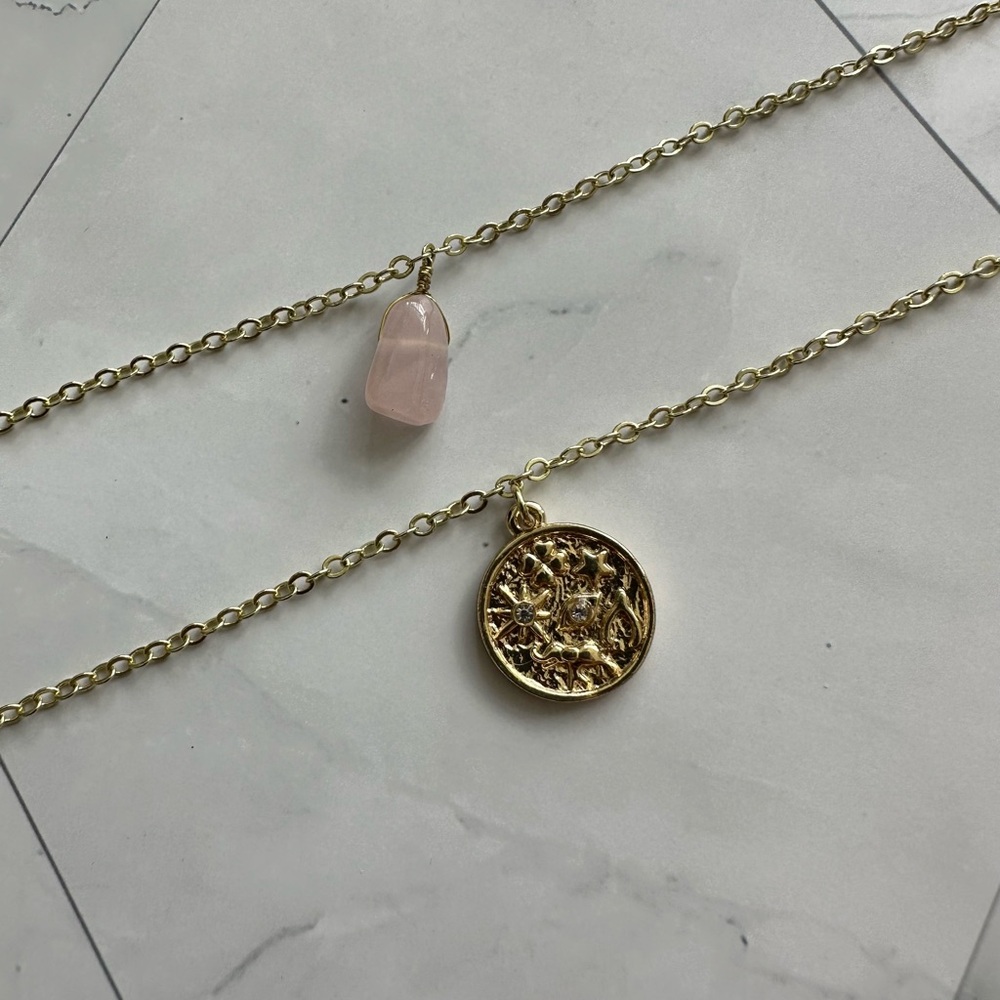 Rose Quartz Double Layered Eye Of Providence Lucky Charm Necklace